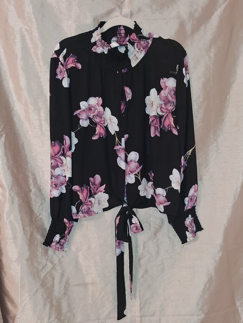 VENUS Black Floral Tie-Front Blouse with Pink and White Blooms